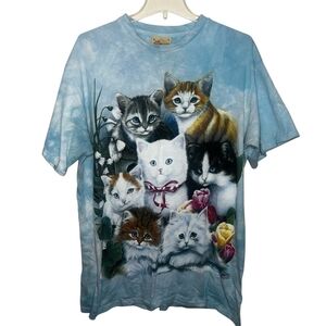 Vintage 2000's The Mountain 7 Cats On Clouds Flowers T Shirt 100% Size Large